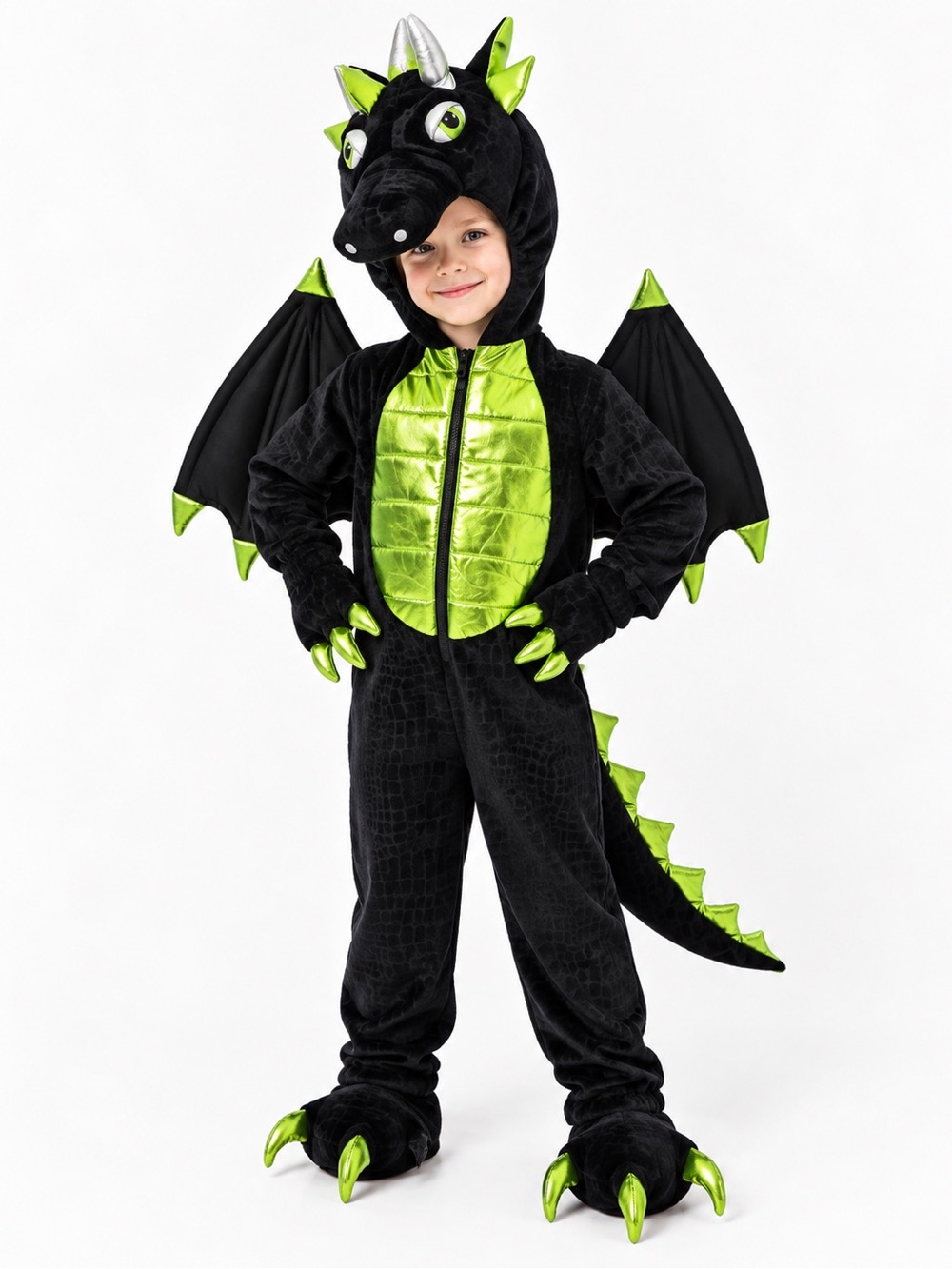 Kids Black & Green Dragon Halloween Costume with Wings Tail Hood & Claws 4- 5T